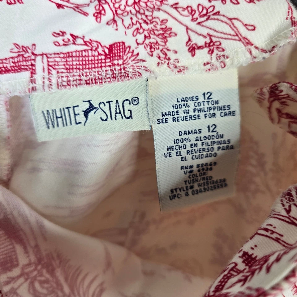 White Stag Toile Print Pants Ladies Size 12 Tusk Red Village Scene Crop - Image 3 of 4