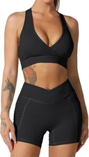 Women Yoga Outfits 2 Piece Sportswear Sport Bra with Removable Padded Tank Black