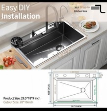 Waterfall Drop-In Black Stainless Steel Kitchen Sink 29.5x18x9 w/ Faucet