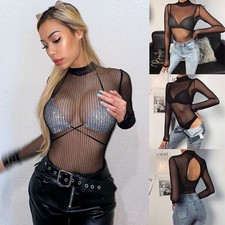 Long Sleeve Leotard Top Womens Ladies Sheer Mesh See-through Bodysuit Mock Neck