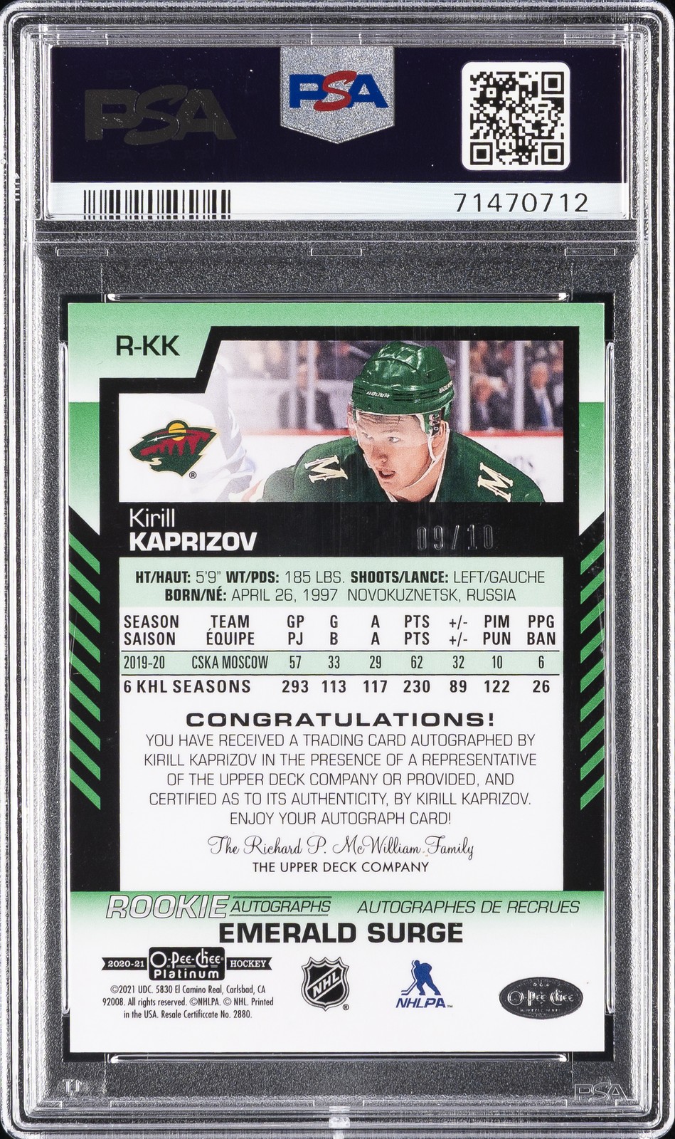 2020 O-PEE-CHEE PLATINUM ROOKIE AUTOS #RKK KIRILL KAPRIZOV 9/10 PSA 9 AUTO view 2