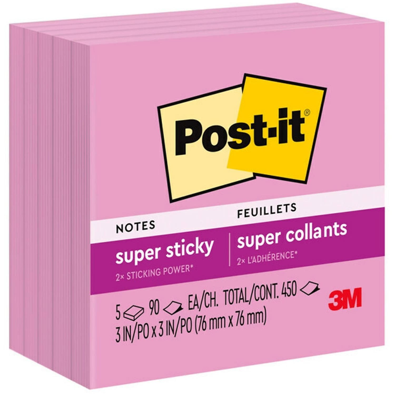 Super Sticky Post-it Notes 3x3 Neon Pink 90 Sheets Per Pad 108638-image