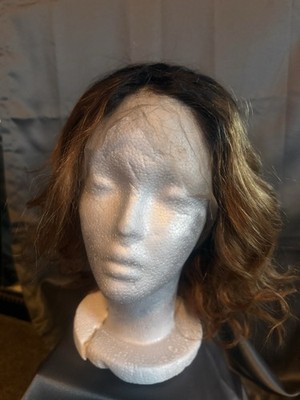 Short Wig Ombre Highlight Brown Colorful Wavy Lace Front Wig Synthetic