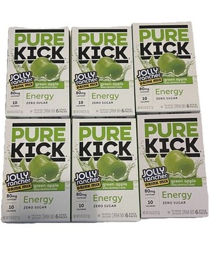 NEW 6 BOXES Pure Kick ENERGY Green Apple Jolly Rancher Drink Mix Singles to Go