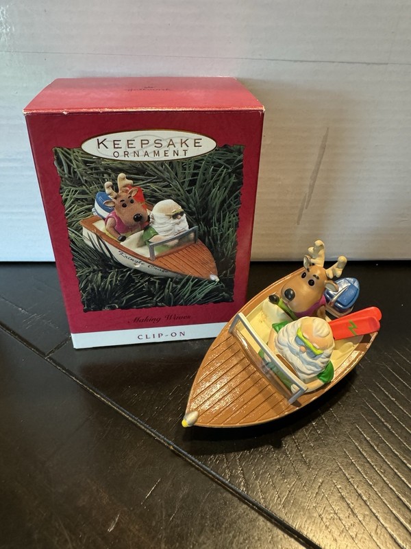 Hallmark Keepsake Kringle Craft Santa Reindeer Boat Clip-On 1993