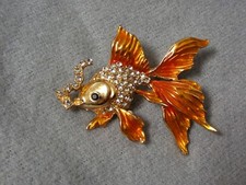 Schmuck Brosche Emaille Strass Goldfisch Fisch Orange Anstecknadel Faberge Stil 