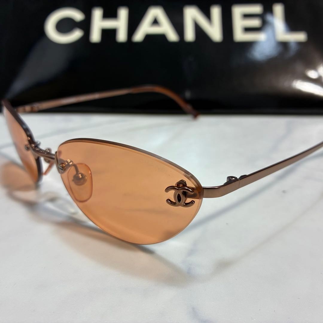 CHANEL Sunglasses Coco Mark 4003 Orange Lens Rimless Brown Metal
