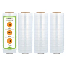 4 Rolls Clear Hand Pallet Stretch Wrap 12 in. x 1500 Ft. x 90 Gauge Shrink Film