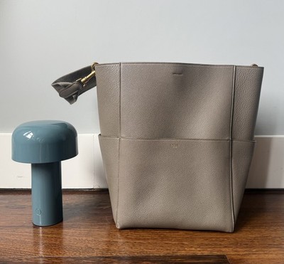 Authentic CELINE Sangle Seau Medium Bucket Bag Gray Leather Phoebe Philo 2019