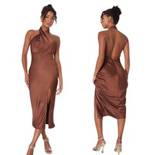 Lulus Satin Halter Midi Dress Brown Women L Backless Slit Cocktail Wedding Guest