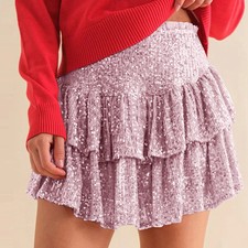 Women's Fashion Short Skirt Solid Pleated High Waist Skirts Classic Sequins Danc