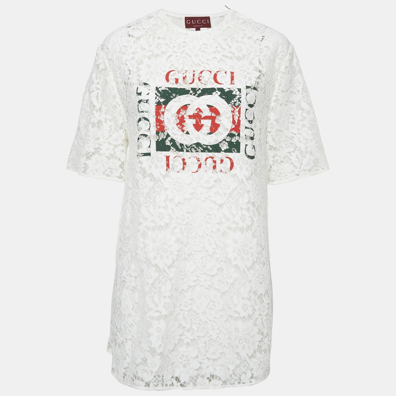 Gucci Mini Abito Bianco Vintage Stampa Logo Pizzo M