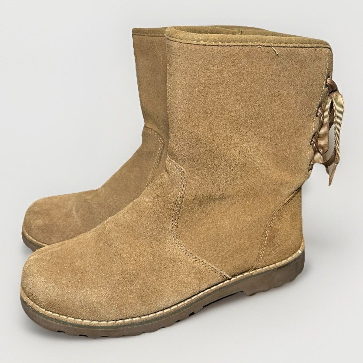 UGG Corene Chesnut Tan Suede Side Zipper Lace Up Back Boots Youth