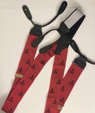 Red Skull Crossbones Men's Adjustable Button Suspenders, Leather Ends, Novelty