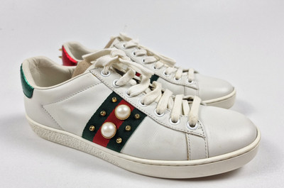 Gucci Women s White Leather Sneakers Pearl Web Stripe EU 37 US 7 Insole 24 cm