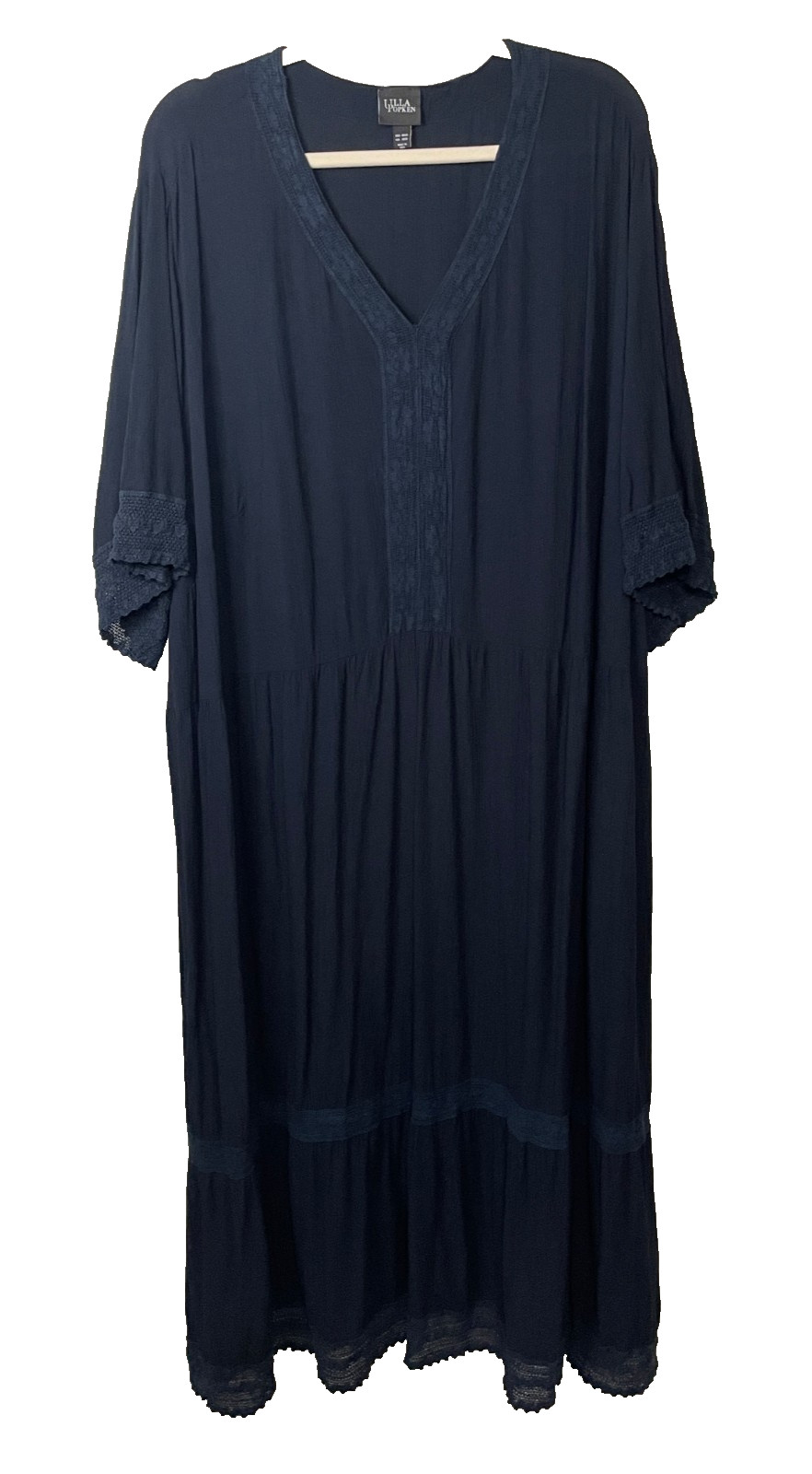 Ulla Popken Maxi Dress Size 28/30 Blue Embroidered Trim Flowy Modest Comfy Boho
