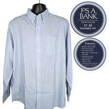 Jos A Bank Traveler 17-36 Tailored Fit Blue White Stripe Button Down Shirt NWT