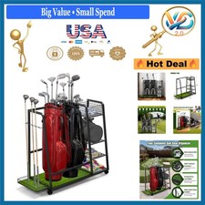 Heavy Duty Metal Golf Bag Storage Rack with Wheels and Shelves - Black