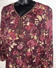 CJ Banks Sz 2X PLUS Floral Striped V-Neck Tunic Burgundy Brocade Ribbon Trim EUC