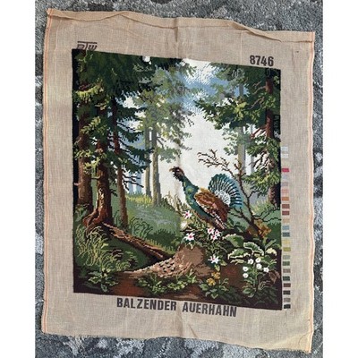 Vintage needlepoint Western capercaillie bird BALZENDER AUERHAHN 22x19  tapestry