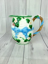 Vintage 1985 The Haldon Group Ceramic 3D Pitcher Blue Striped Bow Ribbon Vase