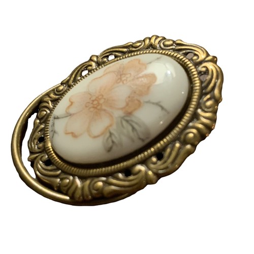 Vintage Jeri Lou Floral Schal Clip Oval Goldton Rahmen Hartriegel Design Signiert - Bild 4 von 11