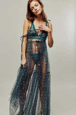 Free People FP One Estella Glitter Maxi Slip Dress Midnight Tiered Sheer New XS