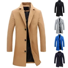 Mens Jacket Outwear Overcoat Trench Coats Solid Color Button Up Long Sleeve Gift