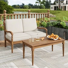 2-Piece Outdoor Sofa Set, Acacia Wood Loveseat & Coffee Table with Cushions
