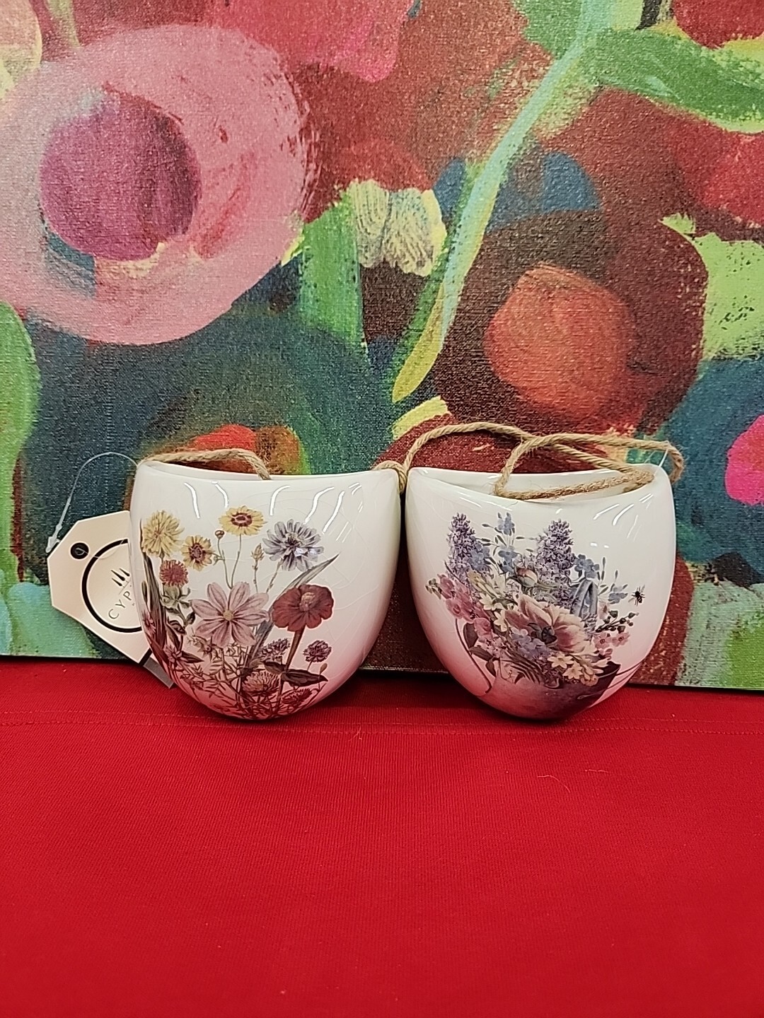 HANGING WALL PLANTERS Set Of 2 Ceramic Water Can Flowers New With Tags