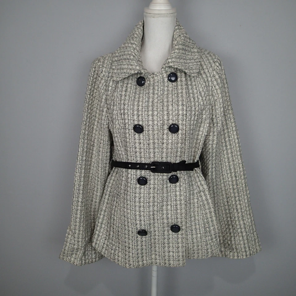 Abrigo Chaqueta WHBM TALLA L Blanco Negro Tweed Cinturón Seda Lana Bl  Foto 2 de 4