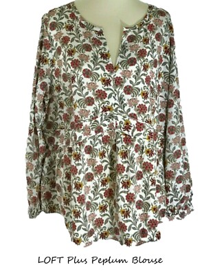 LOFT White Long Sleeves Floral Peplum Blouse Top Plus 18 20 22 24 26 NWT