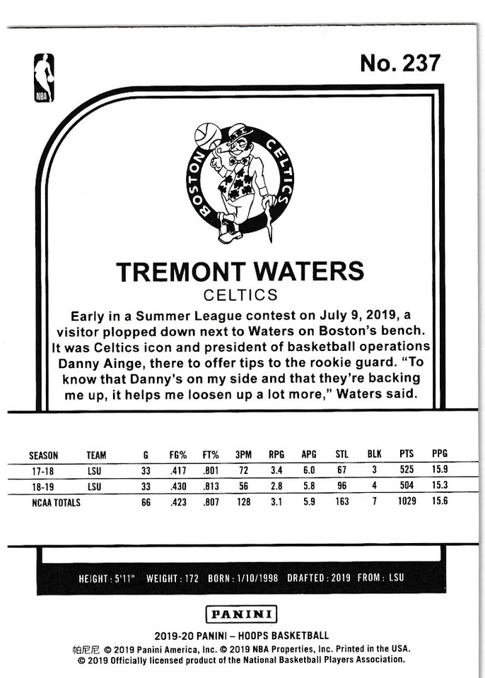 2019-20 NBA HOOPS RC TREMONT WATERS BOSTON CELTICS ROOKIE - F1178 - Image 2 of 2