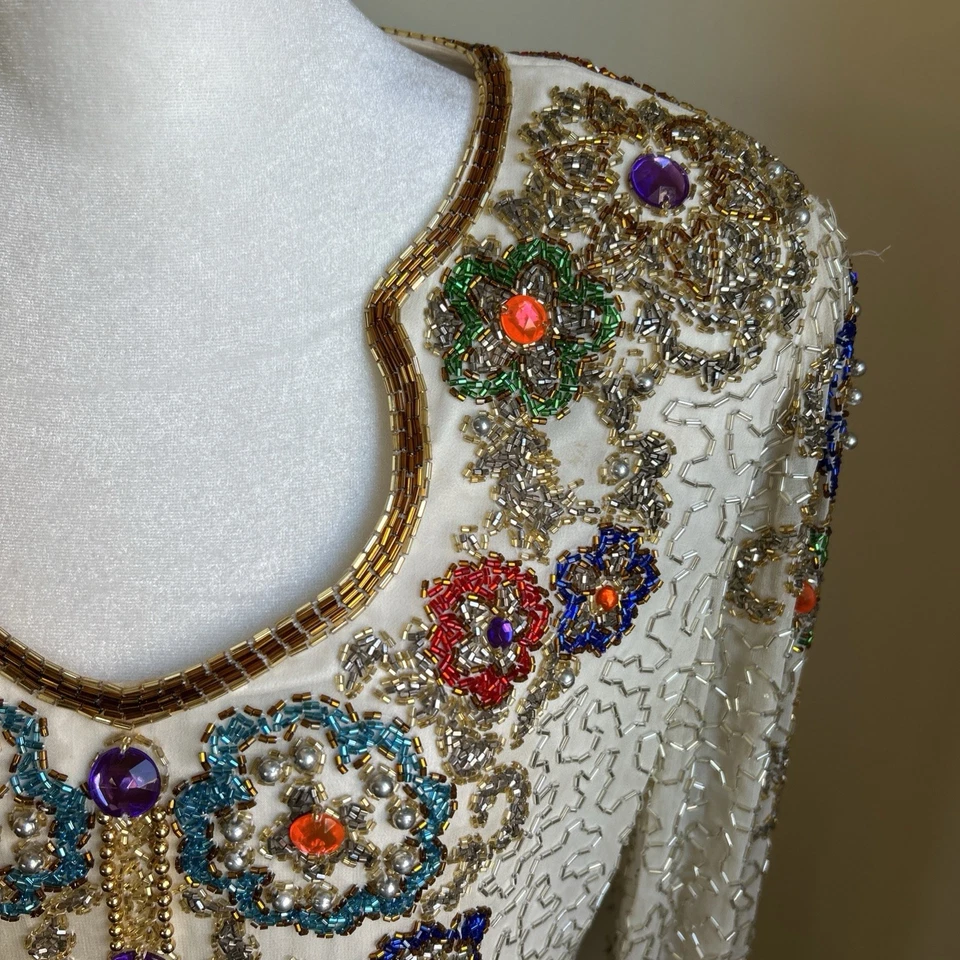 Top vintage de lentejuelas con cuentas 100 % seda para mujer talla 8 adornado colorido Gatsby Foto 4 de 4