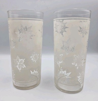 Two (2) White Frosted Atomic Snowflake 10 Oz Federal Glass Tumblers Christmas