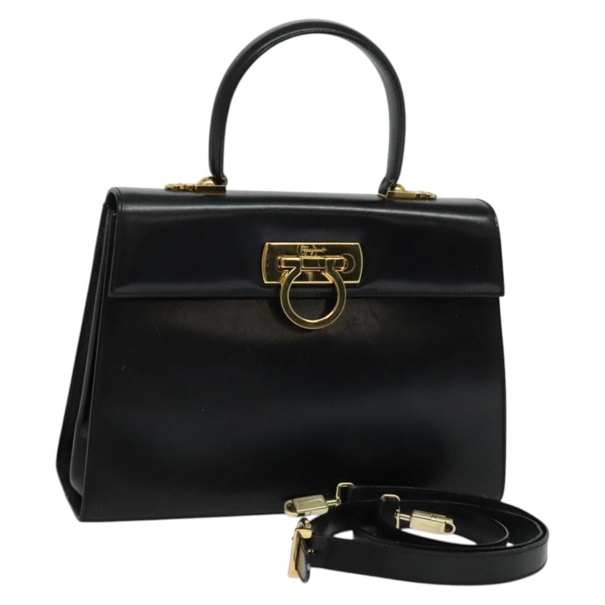 じゅん Salvatore Ferragamo Gancini Hand Bag Leather 2way Black Gold Auth