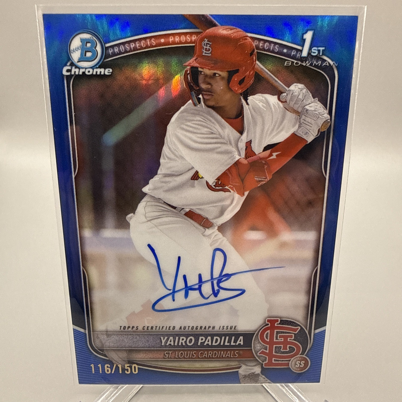 2025 Bowman Chrome Yairo Padilla /150 1st True Blue Refractor Auto - Cardinals