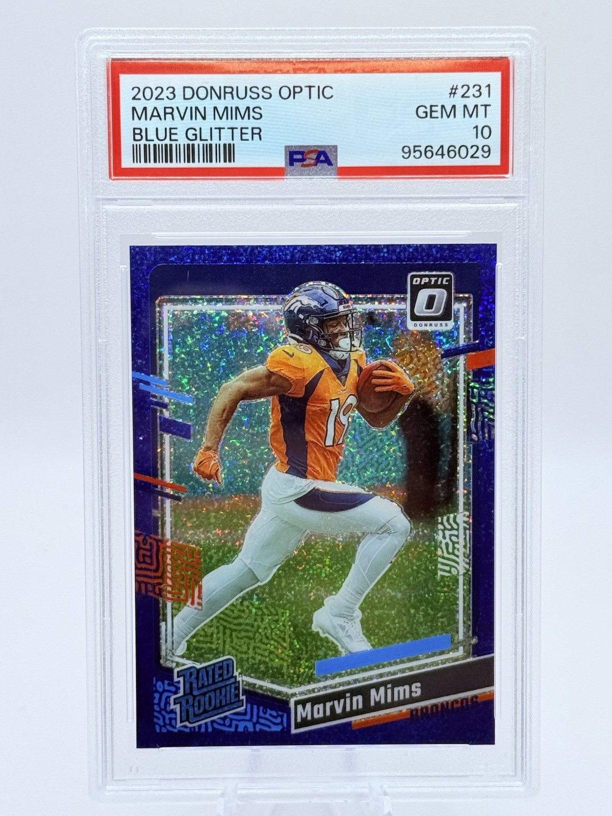 2023 Panini Optic - Rated Rookie Marvin Mims #231 Blue Glitter Prizm (RC) PSA 10