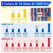102/1200 Assorted Insulated Electrical Wire Terminals Crimp Connectors Spade Kit