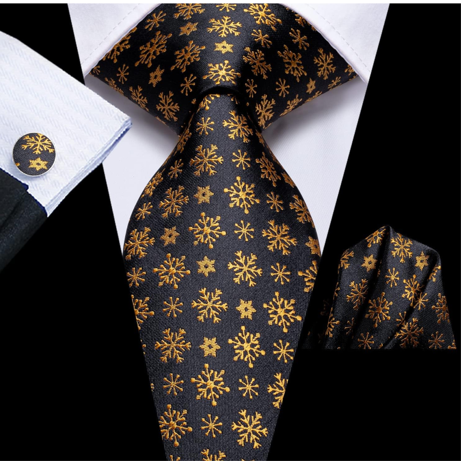 Christmas Ties Set 10pc Pocket Squares + Cufflinks Gold/Black/White  NWT Hi-Tie