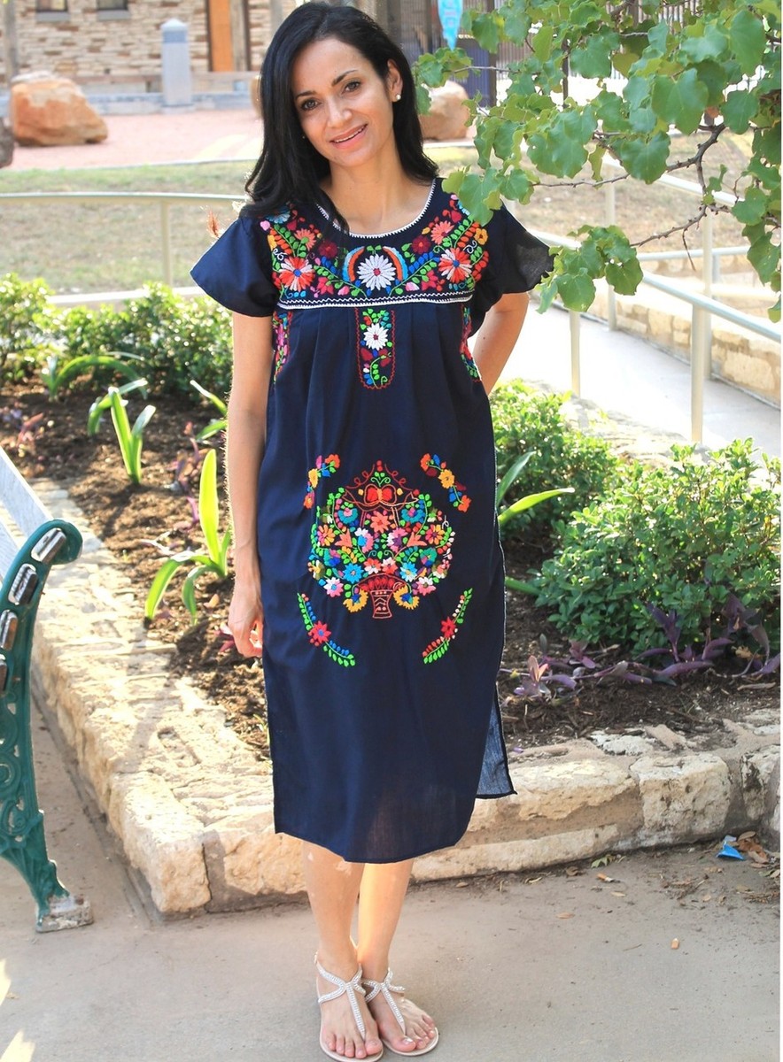 Women's Handmade Puebla Dress  Traditional Mexican Embroidered Dress   Fiesta,