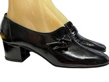 5.5 NOS Vtg 70s Shoe MOD GoGo CHUNKY HEEL Black Shiny Crinkle LEATHER Side Knot