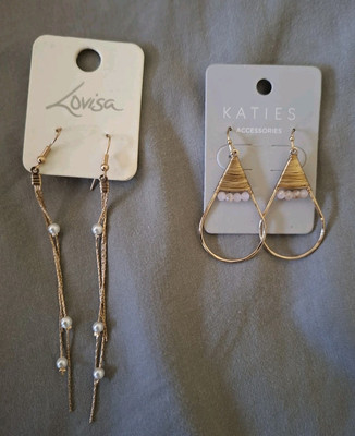 2 X Womens Gold Beaded Stone Teardrop Shaped Drop Fashion Earrings $4 EXPRESS 