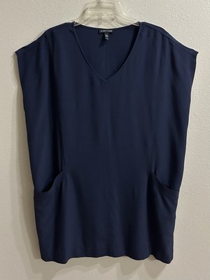 Eileen Fisher Tunic Top Sz L Blue Boxy Minimalist Blouse Structured Modern Basic