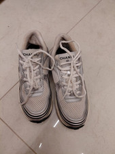 Chanel 23C Gray Silver Metallic CC Logo Lace Up Flat Runner Trainer Sneaker 38