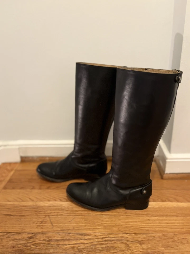 Botas Frye para Mujer 7.5 Melissa Botón Trasero Cremallera Cuero Negro Zapatos de Montar Altos Foto 4 de 4