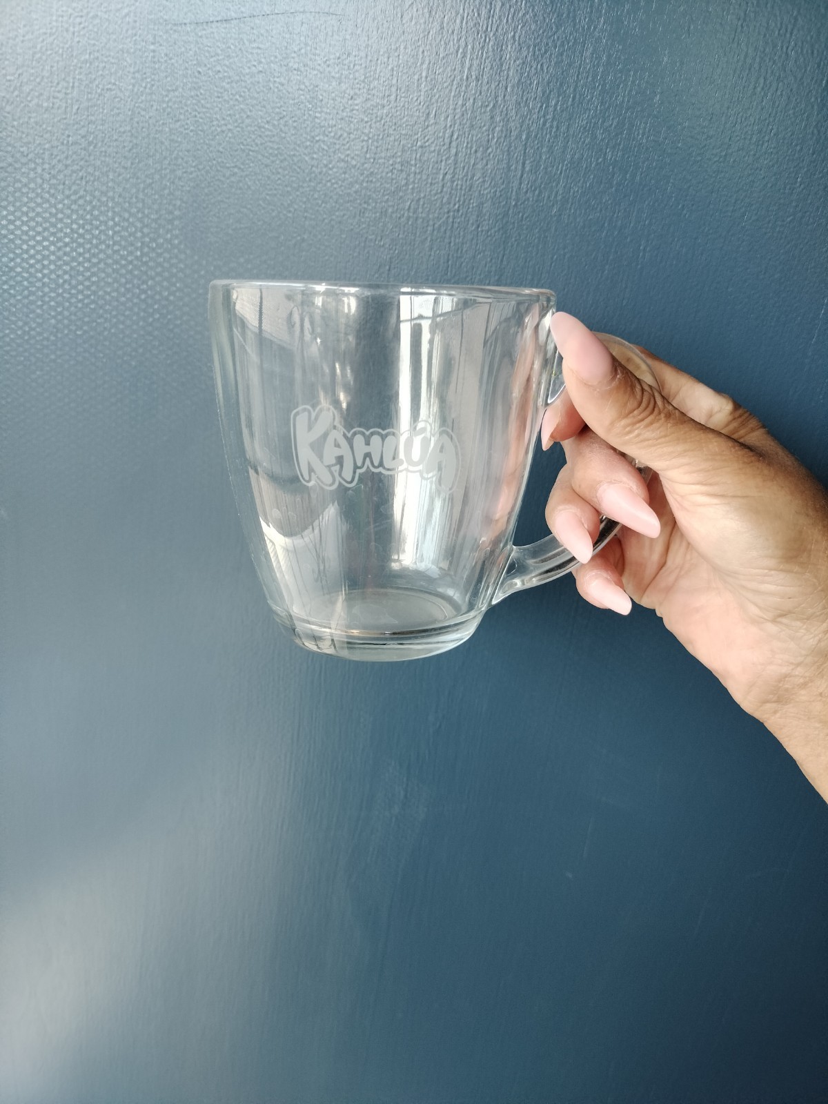 KAHLUA Etched Logo Coffee Cup Tea Mug Clear Glass 4in Tall 12oz