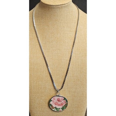 Artisan Broken China Ceramic Pink Rose Silver tone Necklace Pendant 22''