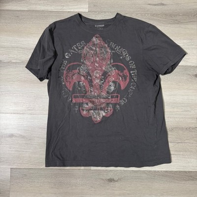 Express Graphic T-Shirt Mens Large Grey Fair Distressed Fleur De Lis Gothic Y2K