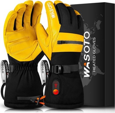 Wasoto Heated Ski Gloves - Leather w/ Wrist Straps & Rechargable Batteries - M